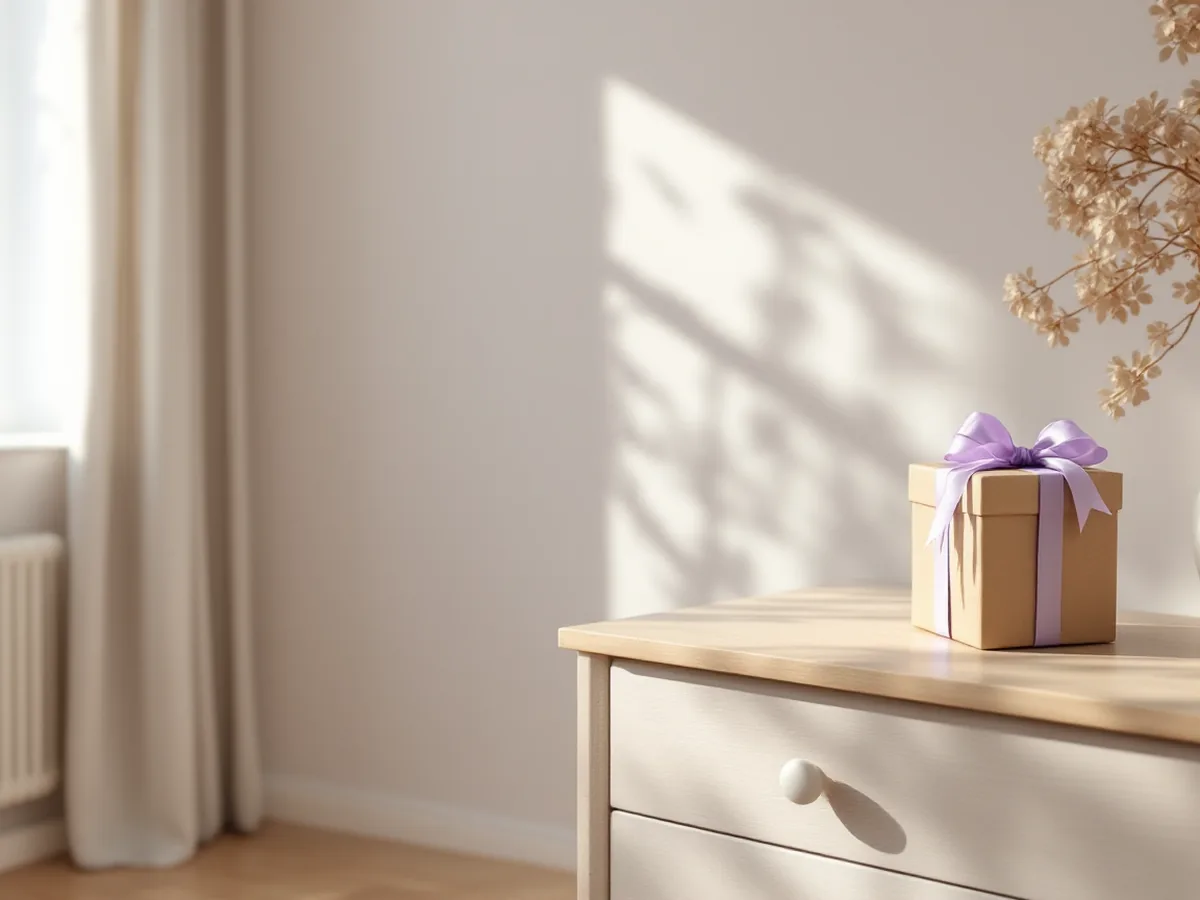 Un coffret fermé, noué d’un ruban glycine, posé sur une commode