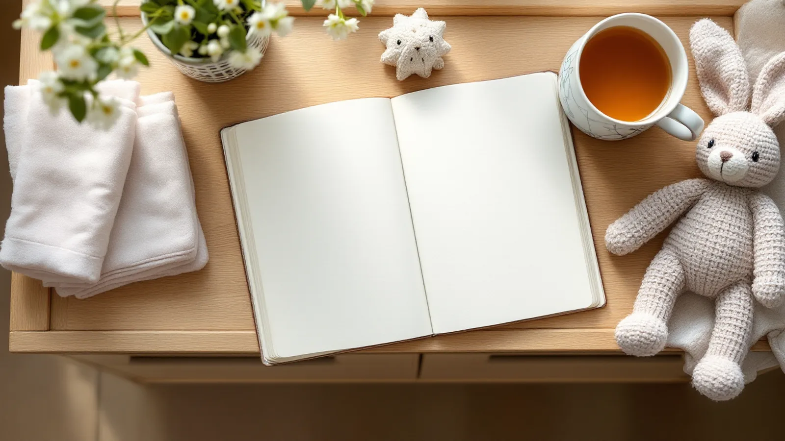 Un carnet ouvert, une tasse, des langes pliés et un doudou sur une commode