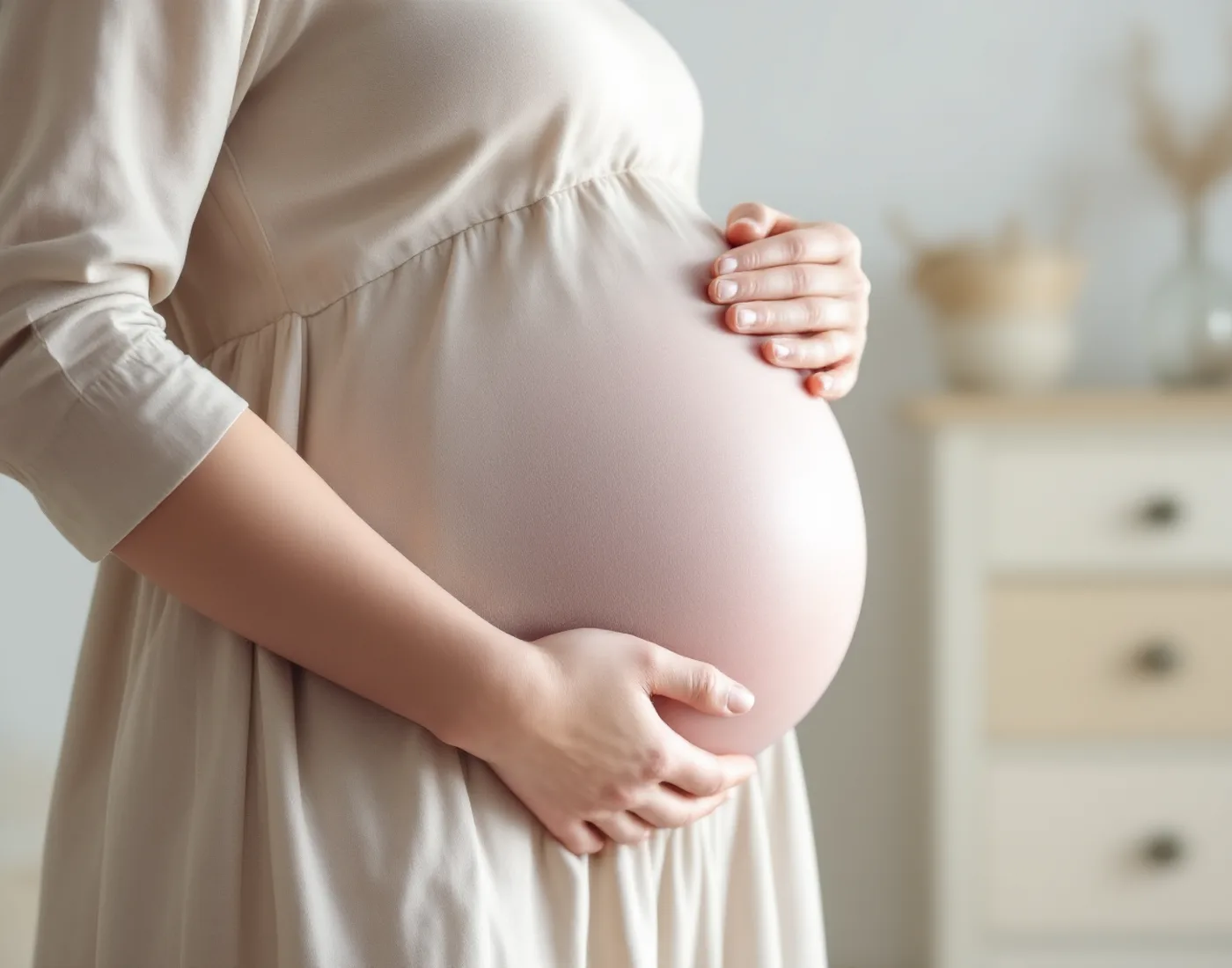 Le profil d’une future maman, cadrée du menton aux hanches, les mains sur le ventre rond tenant un petit bonnet tricoté