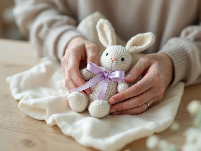 Des mains qui emballent un doudou dans du papier de soie
