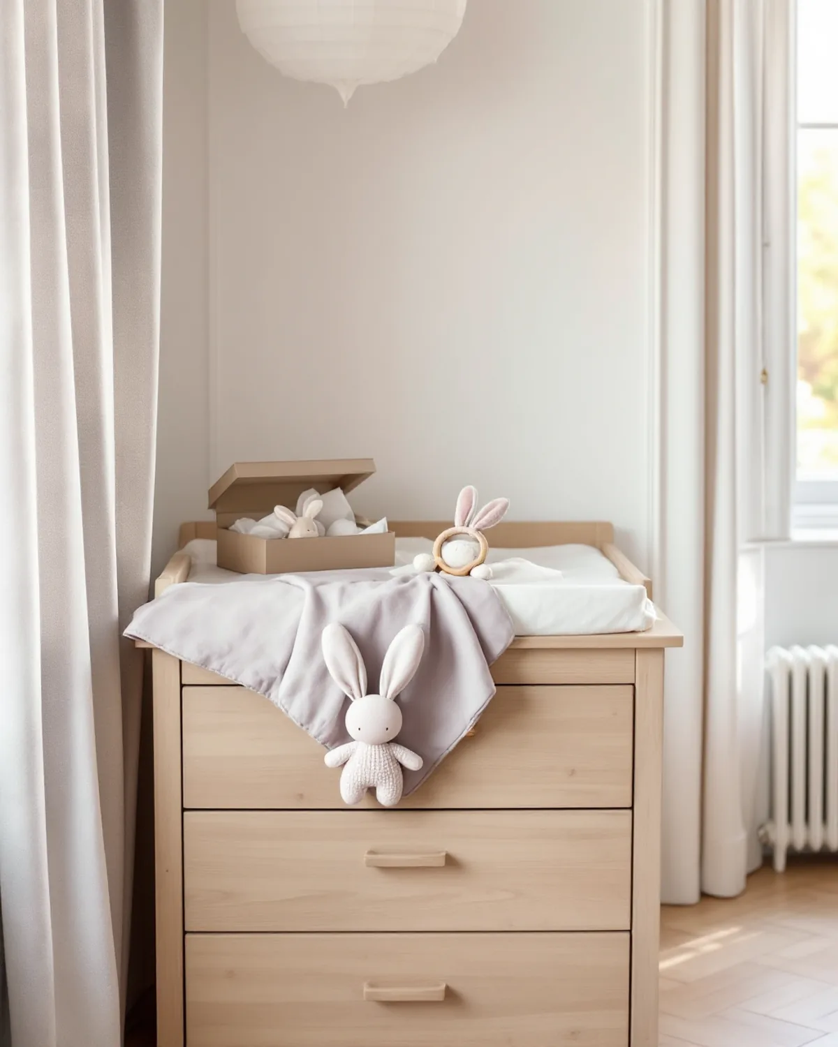 Coffret doudou lapin & hochet, en situation